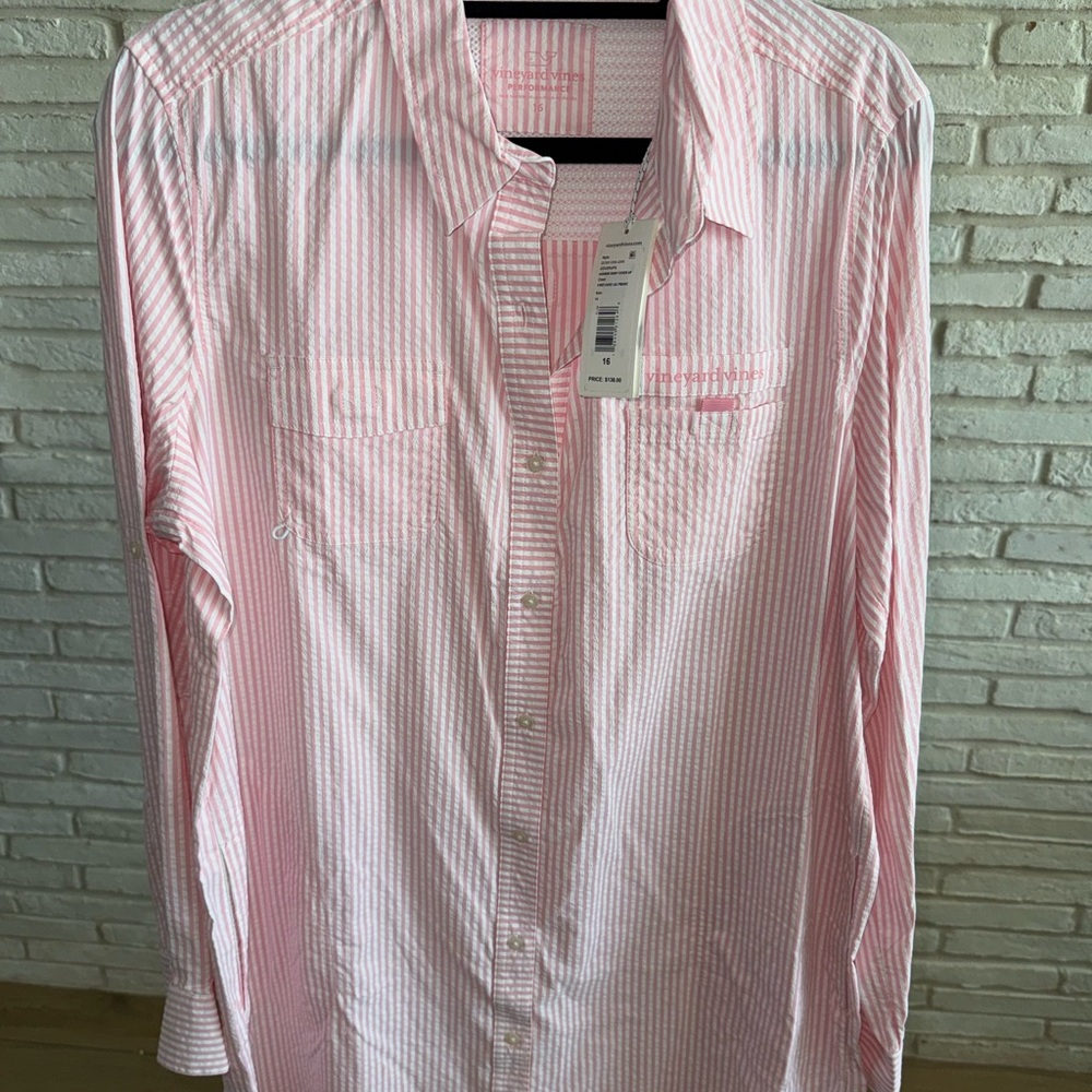 NWT- Vineyard Vines Pink Striped Harbor Button-Down Swim Coverup - Picture 9 of 11